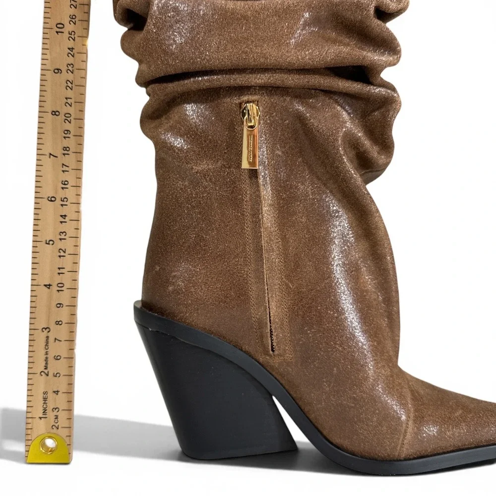 Michael Kors Brown Leather Slouchy Tall Boots Snip Toe Wedge Heel Womens 7M‎ NIB